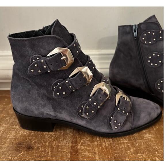 Revolve Toral Gray Buckle Studded Suede Ankle Booties 38 7.5 Made in Spain - Picture 1 of 8